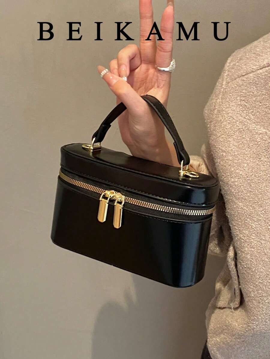 1个BEIKAMU时尚纯色PU方形包，拉链封口，多功能女士方包手提包，可调节肩带斜挎包，适合大学、通勤、购物、散步、日常使用 - 黑色 - 查看 1