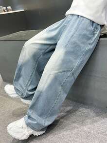 Tween Boy Casual Loose Fit Letter Embroidered Patch Straight Leg Jeans - Blue - View 5