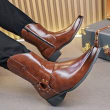 26 đôi bốt cao bồi miền Tây dành cho nam, bốt cổ cao đến giữa bắp chân có nút cài, bốt kiểu Anh có khóa kéo bên hông, giày da cao cổ, giày cao cổ, giày nam, bốt da nam. - màu nâu - Xem 2