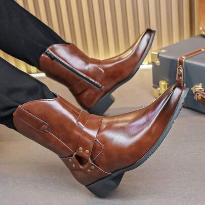 26 đôi bốt cao bồi miền Tây dành cho nam, bốt cổ cao đến giữa bắp chân có nút cài, bốt kiểu Anh có khóa kéo bên hông, giày da cao cổ, giày cao cổ, giày nam, bốt da nam.