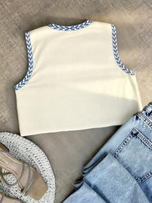 女士复古无袖夹克、迷你背心外套，春夏 - 藍色 - 查看 6