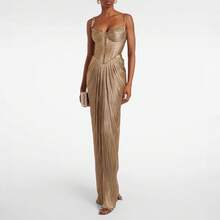 European And American New Style Pleated Gold Stamping Lace-Up Dress INS Casual Party Slit Women's Dress Gown - 金色 - 查看 6