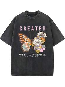 Summer Tops2026Women's Retro Washed Cotton T-Shirt - 230g Thick Cotton Loose Fit Crew Neck Short Sleeve, Vintage Street Style With Floral Butterfly & Inspirational Letter Print, Machine Washable Spring/Summer Casual Top, Cotton T Shirts, Everyday Comfort Tee, Relaxed Fit Tee, Soft Texture Shirtsummer Clothes Washed Cotton - 咖啡色 - 查看 6