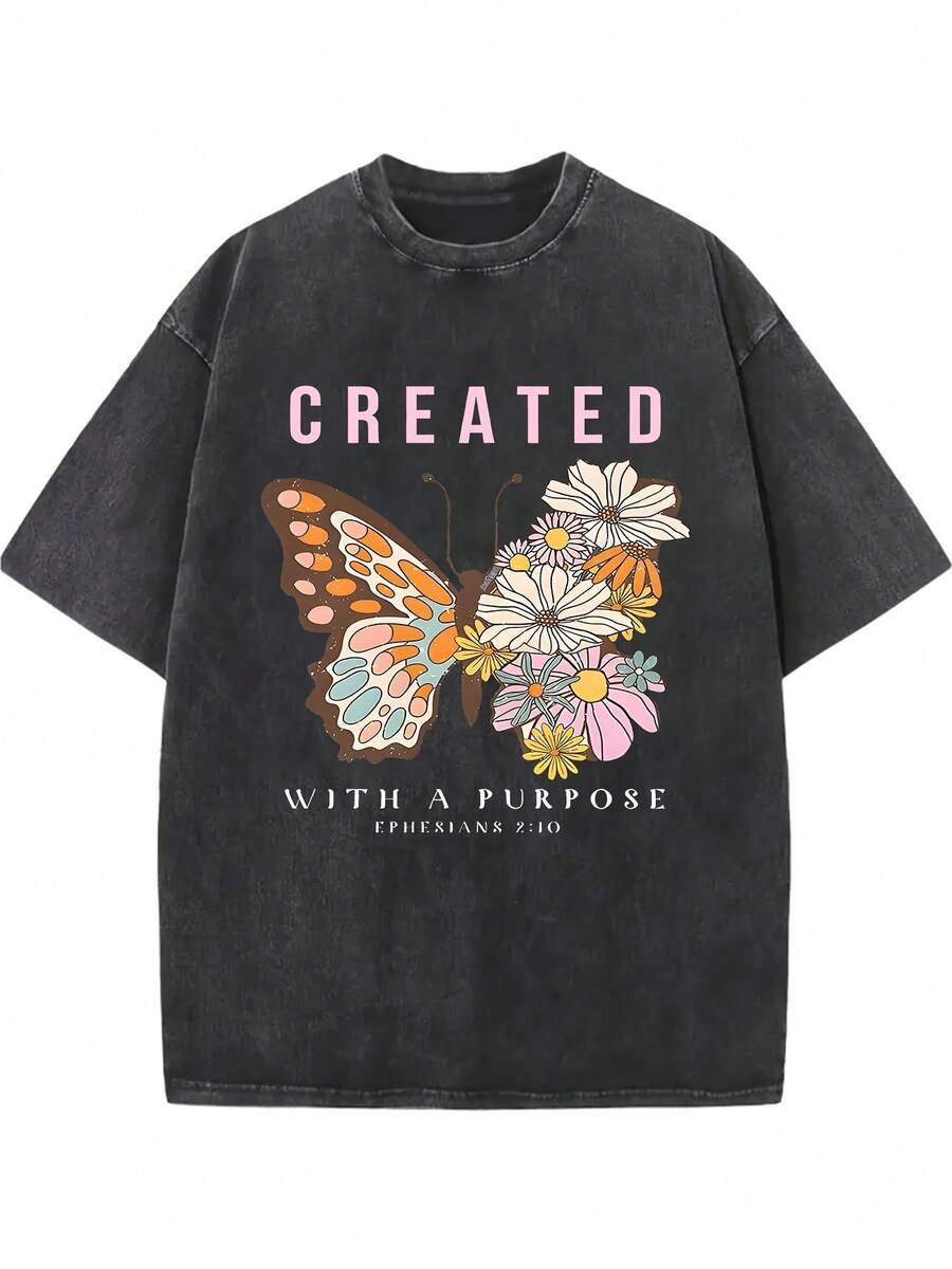 Summer Tops2026Women's Retro Washed Cotton T-Shirt - 230g Thick Cotton Loose Fit Crew Neck Short Sleeve, Vintage Street Style With Floral Butterfly & Inspirational Letter Print, Machine Washable Spring/Summer Casual Top, Cotton T Shirts, Everyday Comfort Tee, Relaxed Fit Tee, Soft Texture Shirtsummer Clothes Washed Cotton - 黑色 - 查看 1