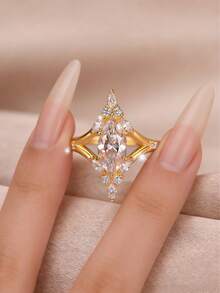 1pc Fashionable Luxurious Copper Inlaid Cubic Zirconia Geometric Rhombus Women's Ring, Sparkling Atmosphere Finger Accessory, Suitable For Daily Wear And Gifting - Multicolor - View 6