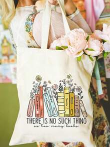 1/2pcs Set Large Capacity Beige Canvas Floral & Book Themed Printed Tote Bag And Zipper Storage Bag Set, Fashionable Floral & Book Themed Shoulder Bag, Shoulder Bag, Multifunctional Portable Travel Storage Makeup Set, Suitable For Back To School, Graduation, Travel, Birthday, Anniversary, Teacher's Day, Thank You Gifts, Essential For Students And Teachers, Great For Travel