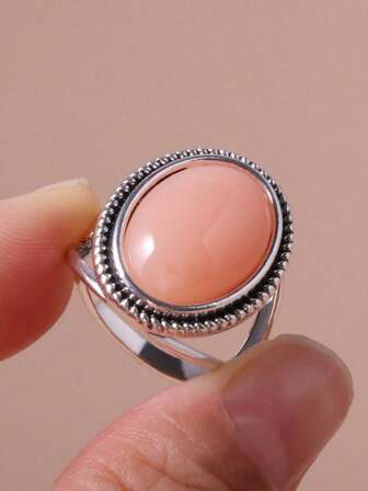 1pc Fashionable Oval-Shaped Pink Ring For Women