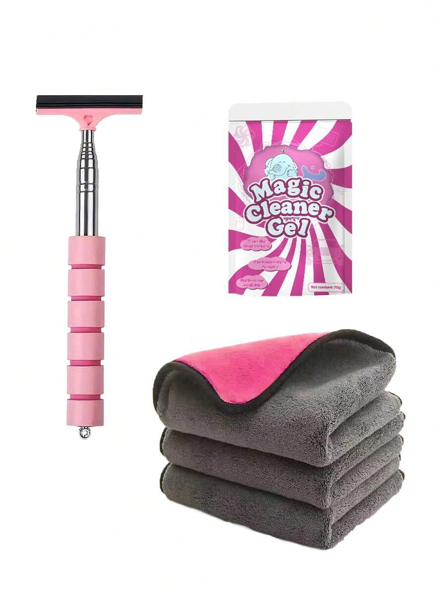 Pink Car Cleaning Kit, Includes 3pcs Car Wet Wipes, 1 Pack Car Cleaning Soft Gel, 1 Car Windshield Wiper, Pink Car Accessories, Car Supplies, Car Essentials - A - View 1