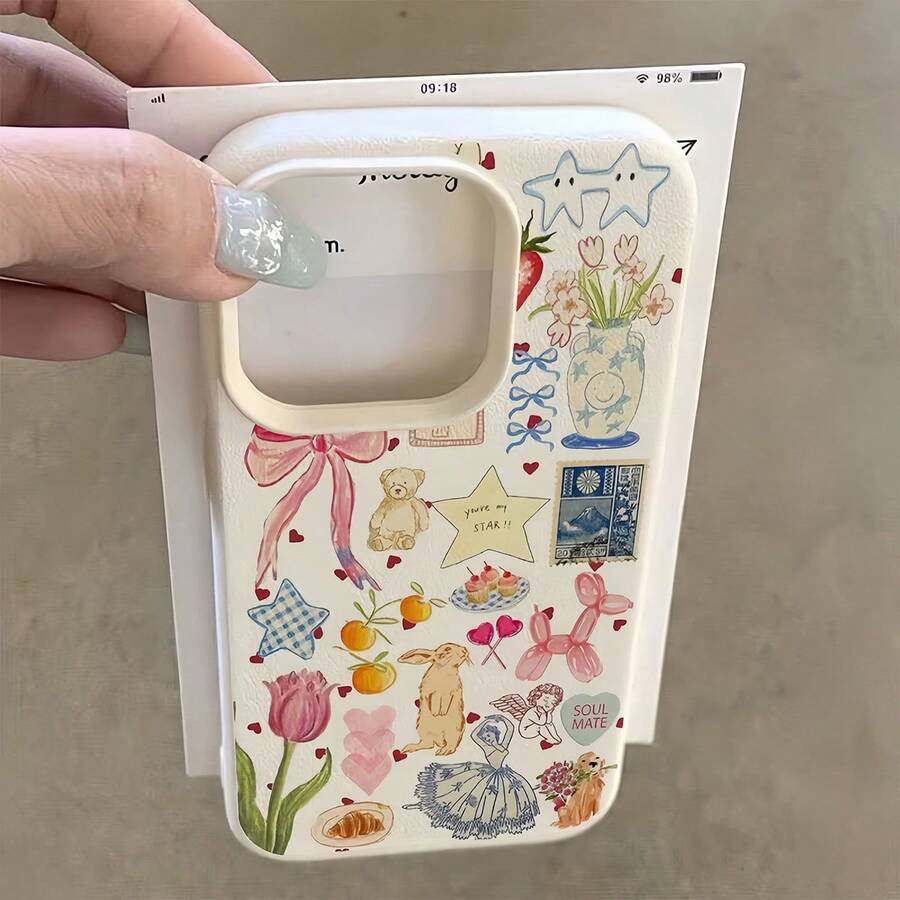 1 chiếc ốp lưng điện thoại bằng da màu trắng, kiểu dáng tối giản, dễ thương với họa tiết nơ, gấu, hoa, sao, tương thích với iPhone 16 Pro Max, 17/16/15/14 Plus, 13/12/11, Air, Series - Nhiều màu - Xem 1