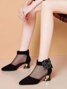 Sepatu Hak Tinggi Wanita, Sepatu Slip-On Bernapas dengan Motif Jala dan Patchwork, Sepatu Formal Hak Tebal dengan Hiasan Rhinestone, Musim Semi/Panas - Hitam - View 2