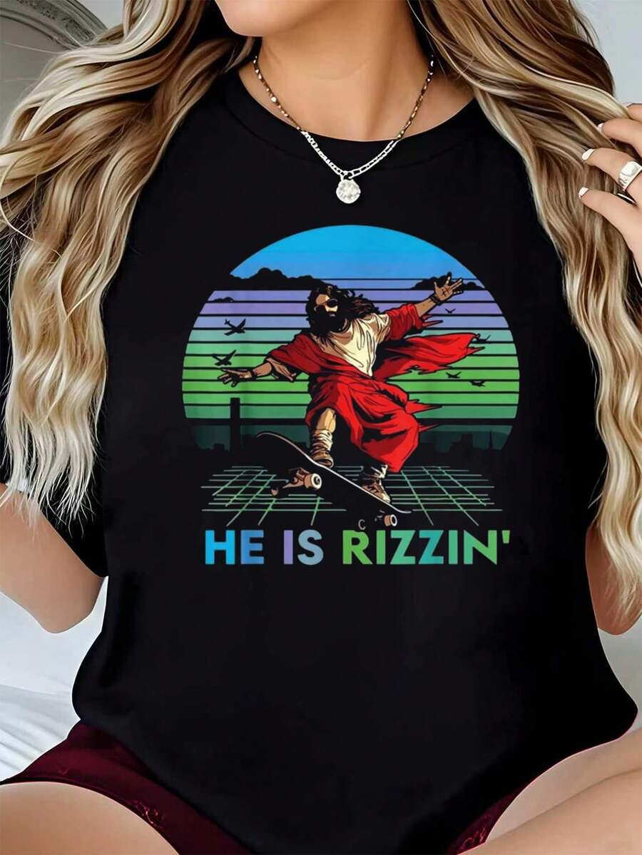 Easter Day Art-Shirt He Is Risen Floral Jesus Easter Day Christians Leopard-Shirt. Casual Crew Neck Short Sleeve Comfort Tee Top Spring &Amp; Summer. Women's Clothing.Jpg Graphic Tees Men Crop Tops Couple Tee Art Outfits Men-Shirt - 黑色 1pcs WOMEN3 - 查看 1