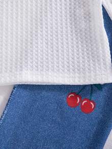 2 Potong Setelan Kasual Anak Perempuan, Atasan Lengan Panjang Motif Ceri Bordir Warna Polos dan Celana Motif Denim Imitasi, Musim Semi/Musim Gugur - Putih - View 7