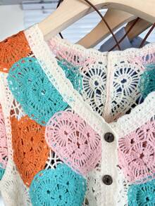 Wixra Macaron Heart Crochet Cardigan, Sweet Hollow Out Short Knit Top - Pink Green - View 9