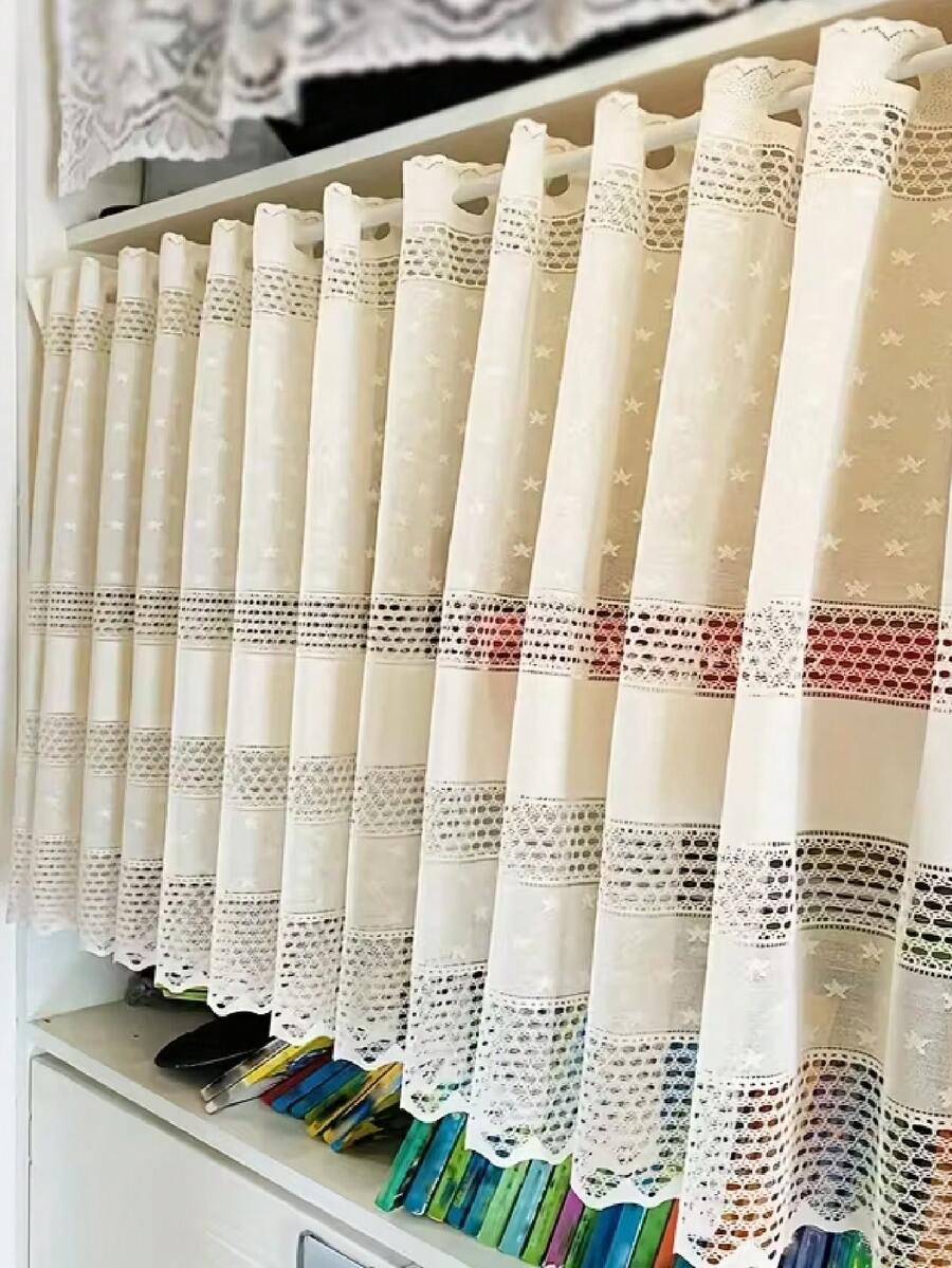 1pc Beige Lace Short Curtain - No Perforation, Half Curtain, Partitions, Blocks Small Windows, Perfect For Kitchen, Cafe, Bedrooms, Door, Cabinet, Home Decor - Adds Elegance, Filters Light, Easy To Install