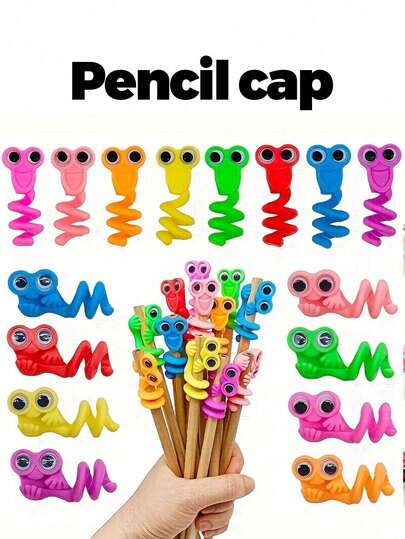 10个随机颜色可爱笔帽，硅胶笔帽礼盒装，恐龙笔帽，趣味大眼睛笔帽，硅胶笔帽，动物笔尖保护套，适用于学生文具，卡通笔帽，笔帽，动物笔帽，笔尖保护套，可爱文具，学生用品，卡通文具，文具配件