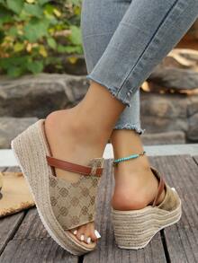 Women's Straw Wedge Rope Open Toe Slippers, Thick Sole Elevated Sandals For Summer Outdoor Wear - Flower Brown - View 6