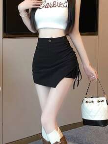 高腰A字迷你裙，时尚显瘦，适合夏季穿着 - 黑色 - 查看 4