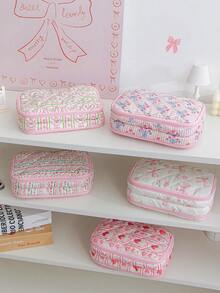 1个可爱碎花数码配件收纳袋，时尚蝴蝶结电子产品整理袋旅行通用线缆袋，条纹小碎花图案多功能收纳袋，适用于手机壳、数据线、零钱包、珠宝、移动电源、鼠标、充电器、数据线、笔袋、硬盘、保护套、可水洗旅行收纳袋 - 彩色 - 查看 5