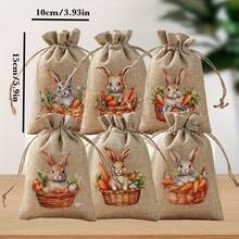 6/12 Peças Sacos de Cordão de Juta da Páscoa, Sacos de Cordão de Juta da Páscoa, Sacos de Presente de Linho com Estampa de Coelho, Cordão de Juta de Camada Dupla, Sacos da Páscoa, Sacos de Coelho de Juta da Páscoa (Estilo Fofo) - Multicolorido - Visão 5