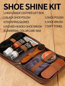 7-Piece Shoe Care Kit, Includes 1 Box Of Shoe Polish, 2 Tins Of Shoe Cream (Black & Universal), 2 Wooden Shoe Brushes, 1 Shoe Shine Glove, 1 Polishing Cloth, And 1 Storage Box, Designed For Shoe Maintenance, Polishing And Care. Can Enhance The Shine Of Shoes In Any Color.,Shoe,Spring Summer Picks,Brides Maid Gifts,Room,Bedroom Decor,Beach,Travel,For Men,For Women,Vacation - Multicolor - View 7