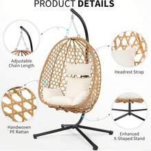 Egg Chair With Stand, Patio Wicker Hanging Chair, Hammock Swing Chair, 350LBS Capacity For Bedroom, Balcony, Garden - Vàng be - Xem 4