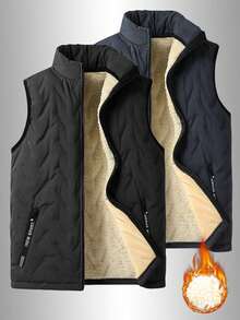 Men's Warm Mandarin Collar Vest, Thickened Quilted Sleeveless Jacket With Zipper And Pockets, Suitable For Casual Outdoor Travel - Black - View 1