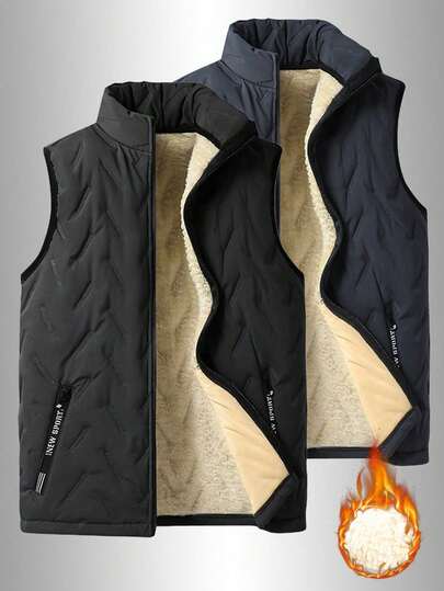 Men's Warm Mandarin Collar Vest, Thickened Quilted Sleeveless Jacket With Zipper And Pockets, Suitable For Casual Outdoor Travel