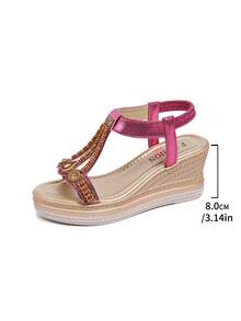 Women's Beaded & Rhinestone Embellished Wedge Heel Bohemian Style Sandals, Suitable For Teenagers, Summer - Hot Pink - View 6