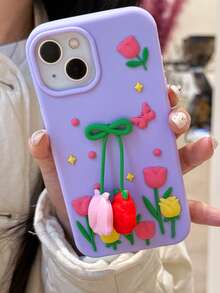 1pc Pink & Purple Tulip Flower Pattern Phone Case Compatible With Apple 12/13/14/15/16/17/Pro Max - Purple - View 1