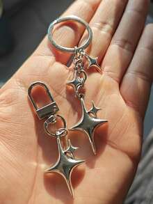 1pc Fashionable Silver Alloy Star & Moon Keychain, Star Diamond Keychain, Suitable For Backpacks, Cars, Eid, Ramadan Daily Use Gift, Holiday Gift - Multicolor - View 4