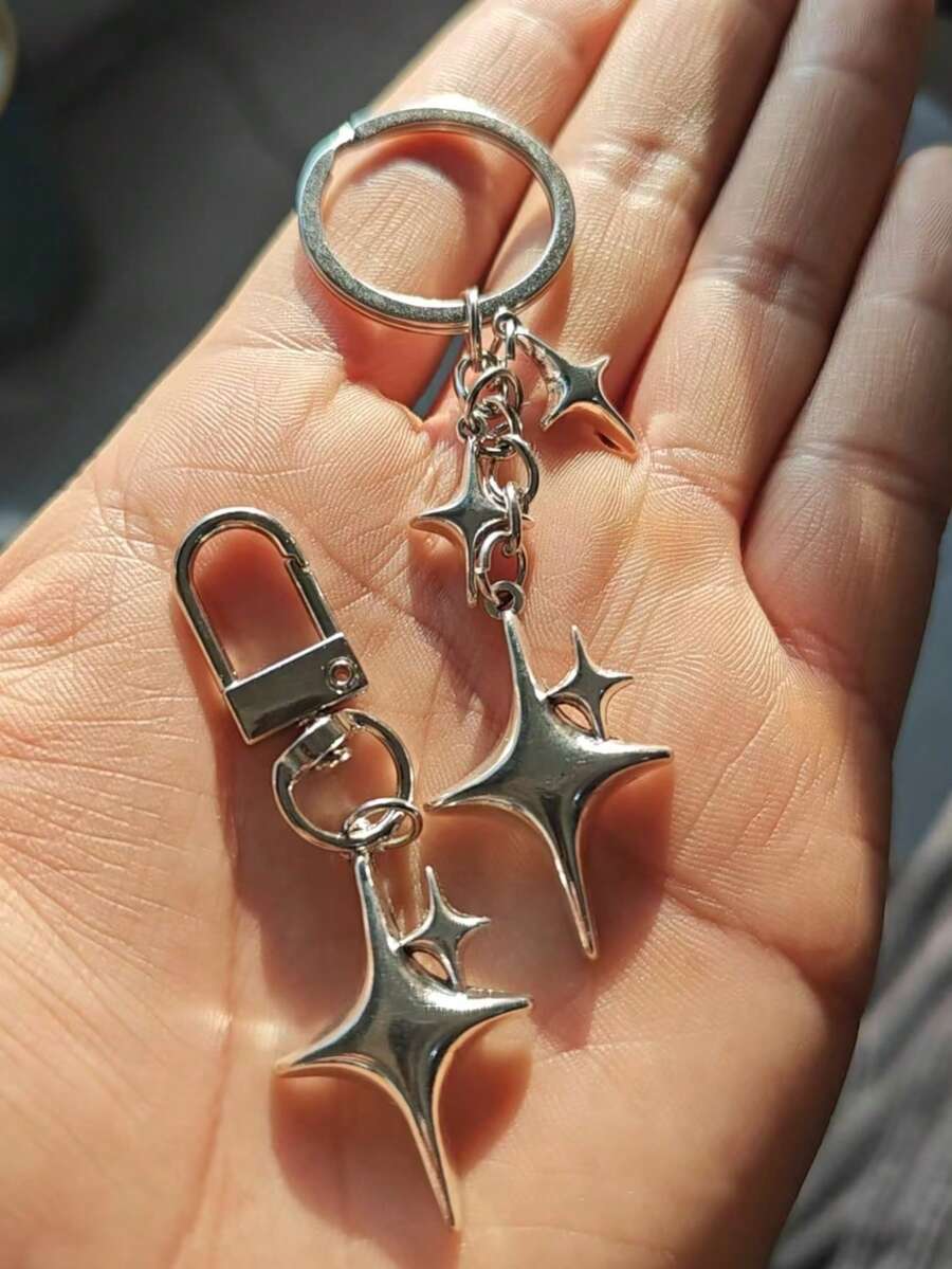 1pc Fashionable Silver Alloy Star & Moon Keychain, Star Diamond Keychain, Suitable For Backpacks, Cars, Eid, Ramadan Daily Use Gift, Holiday Gift - Multicolor - View 1