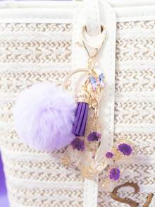 1pc Purple Starry Sky Dried Flower 26 Uppercase English Letter Resin Keychain, Bubble Fur Ball Glass Butterfly Tassel Decor, 18K Gold Lobster Clasp Design, Suitable For Bag Chain, Phone Strap, Gift For Friends, Mother, Christmas, Bag Charm, Car, Teacher, Sisters Gifts For Mother, Father, Graduation, And Teacher - Purple - View 4