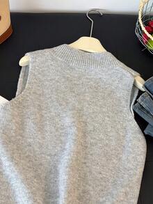 1件女士纯色优雅无袖V领毛衣背心，侧拉链设计，宽松版型，简约套头针织背心 - 淺灰色 - 查看 8