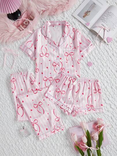 3件套奢华缎面短袖上衣、短裤和长裤套装，春季花卉爱心、蝴蝶结和条纹印花宽松舒适女士睡衣
