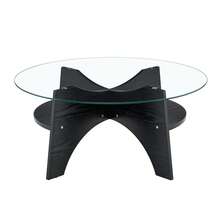 Modern Round Side Table In Durable Glass - Ø 80 Cm, Multifunctional Design. Compartment-Shaped Structure. MDF Table Legs With A Black Wood Finish. Ideal For Dining Room, Living Room, Office, Etc.
