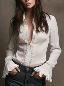 Elegant White Ruffle Collar Shirt - Classic Button-Down Shirt, Suitable For Spring/Autumn, Office & Semi-Formal Occasions, Solid Color Design, Machine Washable - White - View 7