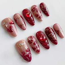 30Pcs Red Heart Press On Nails Medium Almond Fake Nails 3D Love Cherry Hollow Bow Design Glossy Red Lips False Nails French Press On Heart Full Cover Valentine's Stick On Nails For Women DIY Kit - 豐富多彩的 - 查看 1