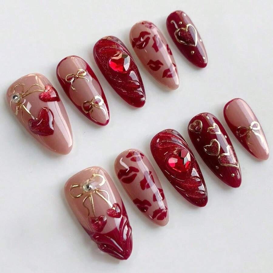 30Pcs Red Heart Press On Nails Medium Almond Fake Nails 3D Love Cherry Hollow Bow Design Glossy Red Lips False Nails French Press On Heart Full Cover Valentine's Stick On Nails For Women DIY Kit - 豐富多彩的 - 查看 1