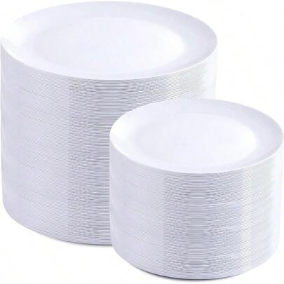 200 Pieces White Plastic Plates Disposable - Include 100PCS 10 Inch Dinner 100PCS 7 Inch Dert Plates Ideal For Party Wedding