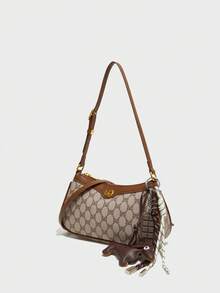 这款时尚、经典、百搭的纯色防水PU单肩包饰有腊肠犬饼干吊坠、法棍面包形状和通体印花，适合购物、通勤和社交场合。 - 咖啡 - 查看 2