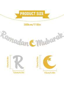 Ramadan Mubarak Party Banner With Star, Crescent Moon And Gold Glitter, Silver Hanging Flag For Party, Festival Decoration - Multicolor - View 2