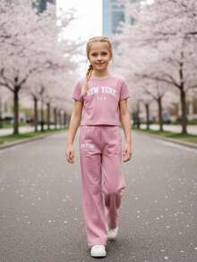 少女休闲字母印花T恤和裤子套装，夏季 - 淺粉色 - 查看 2