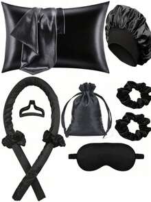 12件套睡眠护发工具套装，包含卷发棒、面部按摩器、1个枕套，适用于米色皇后套房，无需加热即可卷发，夜间卷发神器，1个睡眠眼罩，女士面部按摩滚轮，美发造型，护发产品，卷发产品，美发配件，护发套装，美发工具套装，护发套装毛巾，适用于沙龙、酒店、运动、家居用品，毛巾，护肤干发毛巾 - 黑色 - 查看 12