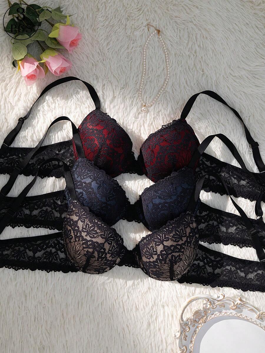 3pcs Valentine's Day Sexy Lingerie Set, Underwire Bra With Adjustable Straps, 3/4 Cup Enhances Cleavage, Lace Details With Back Closure, Soft & Comfortable Everyday & Occasion Bra For Women - Multicolor - View 1