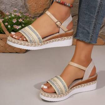 Sandalias de plataforma y cuña con correa ajustable con hebilla y estampado floral colorido para mujer