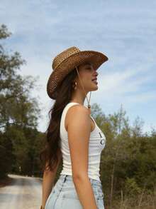 1pc Handmade Fashionable Panama Cowboy Straw Hat, Bohemian Style Beach Sun Hat, Windproof Casual Hat, Suitable For Vacation Travel, Random Color Brim Rope - A - View 2