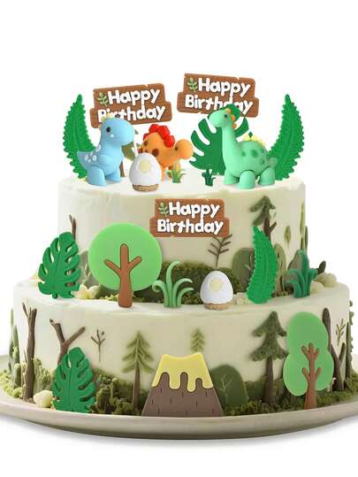 15件套恐龙蛋蛋糕装饰，包含PVC材质的恐龙蛋蛋糕装饰、树木等，适用于生日派对、生日快乐派对等各种恐龙主题蛋糕装饰。它们能为朋友们带来难忘的派对体验，也是送给恐龙爱好者的贴心小礼物！