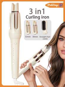 PinkSings 3 In 1 Multifunctional Hot Tool, Automatic Curling Irons With 2 Ceramic Barrel(32mm, 38mm) & Hair Straightener Brush, Hair Curler & Straightening Comb With 3 Temp & Timer & Negative Ions - Yellow - View 12