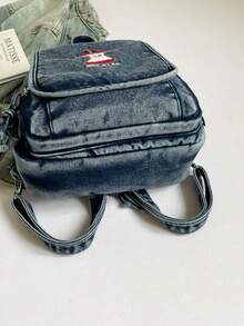 1pc Solid Color Cute Puppy Cartoon Embroidered Denim Fabric Zipper Closure Fashion Casual Messenger Bag/Backpack For Men, Suitable For Daily Commute, Work, School, Shopping, Short Trip - Blue - View 6