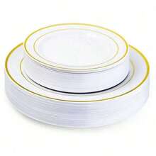 25pcs/Set White Round Plates With Gold Rim (7.5 Inches/10.25 Inches), Reusable And Washable Plates For Wedding, Party, Banquet, Valentine's Day, Thanksgiving, Christmas And Other Occasions, Banquet Tableware, Party Plates, Holiday Design, Stylish Service, Reusable Dinnerware, Easy To Clean, Serving Platters, Catering